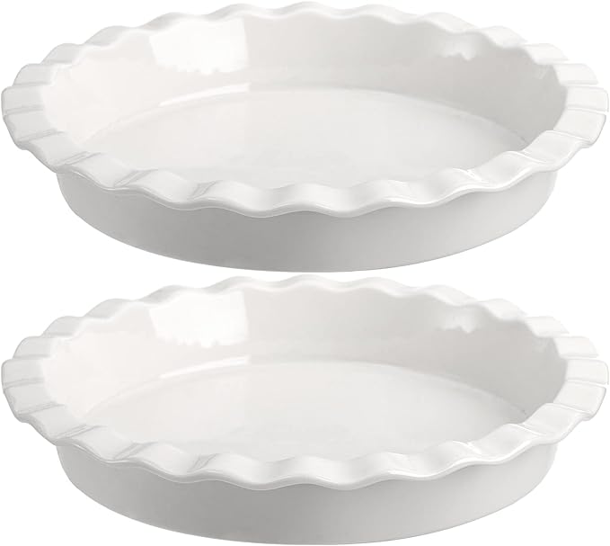 Foraineam Porcelain Pie Pan for Baking, Oven Safe Pie Plate Baking Dish, 9 Inches Round Deep Dish with Ruffled Edge, Set of 2