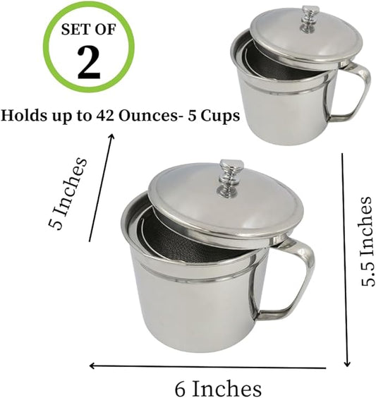 Evelots Cooking Oil Storage Can-Bacon Grease Keeper-2 Pack-Stainless Mesh Strainer-Easy Grip Handle-Large 5 Cup Fat Storage