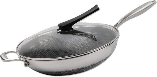 CATHYLIN 14" Honeycomb Non Stick Wok Pan Stainless Steel Stir-fry Wok with Lid,Skillet with Stay-cool Handle PFOA Free Suitable for Induction, Ceramic, Electric, and Gas Cooktops (Sliver, 14 Inches)