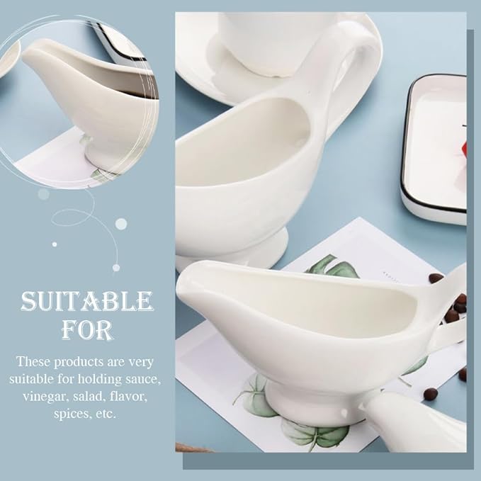 Sewroro 2pcs Ceramic Gravy Boats Sauce Bowls with Handle White Porcelain Serving Bowls for Kitchen Condiments (size 2)