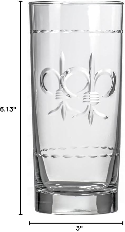 Rolf Glass Fleur De Lis Highball Glass 15 ounce - Set of 4 Cooler Glasses - Lead-Free Etched Drinking Glass with Heavy Base - Proudly Made in the USA