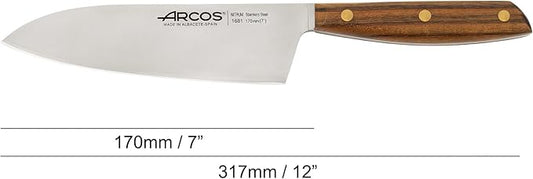 Arcos Deba Knife 7 Inch Stainless Steel. Japanese Kitchen Knife for Fish, Meat and Vegetables. Ovengkol Wood Handle 100% natural FSC and 170mm Blade. Series Nordika. Color Brown.