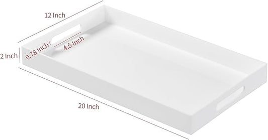Glossy White Acrylic Serving Tray with Handles-Lucite Tray for Ottoman,Coffee Table, Breakfast, Tea, Food, Butler - Decorative Tray (12x20 Inch, White)