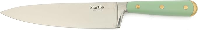 Martha Stewart 16 Piece Lockton High Carbon Stainless Steel Cutlery Kitchen Knife Block Set W/ABS Tripe Riveted Forged Handle Acacia Wood Block - Sage Green W/Gold