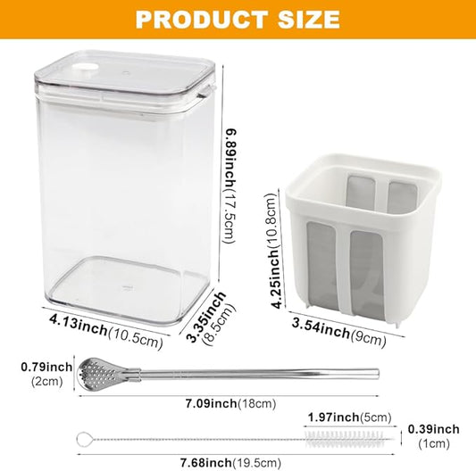 Greek Yogurt Strainer,1100ml Yogurt Strainer Separator,Yoghurt Maker with Fine Mesh Bag & Lid for Thick Greek Yogurt, Soybean Milk,Berries,Soup,Fruit Juice,Coffee(White,Size:10.8 * 9 * 17.6cm)