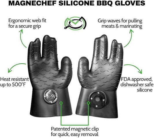 MagneCHEF Magnetic BBQ Grill Gloves – Heat Resistant, Patented Magnetic Safety Clip Easy On & Off, Firefighter-Designed, Dishwasher-Safe, Waterproof, Perfect for Grilling, Smoking, Frying, Baking