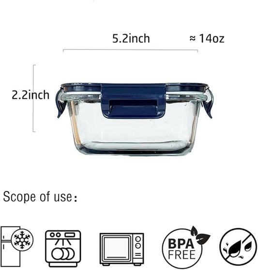 Small Square Glass Food Storage Containers With Lids,2 Cup Square Glass Containers, 16 oz Small Food Containers, Leak-proof lunch Bowls, Dishwasher Microwave Freezer Safe -(Dark Blue)
