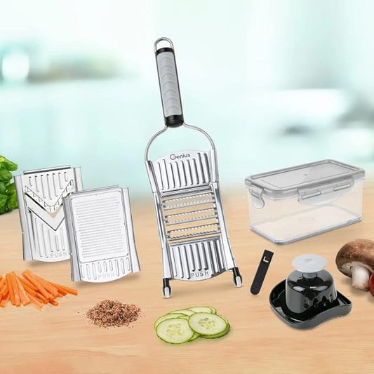 Genius Nicer Dicer Speed Vegetable Slicer with 3 Inserts, Stand and 550ml Collecting Container, Parmesan Grater, Julienne Grater and V-Slicer