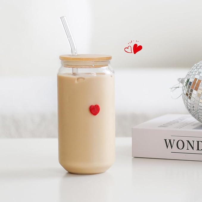Coquette Aesthetic Glass Can Cup with Bamboo Lid and Straw, 16oz Cute Red Heart Travel Tumbler, Iced Coffee Matcha Smoothie Cup, Trendy Stuff Gifts for Women, Girl Gifts