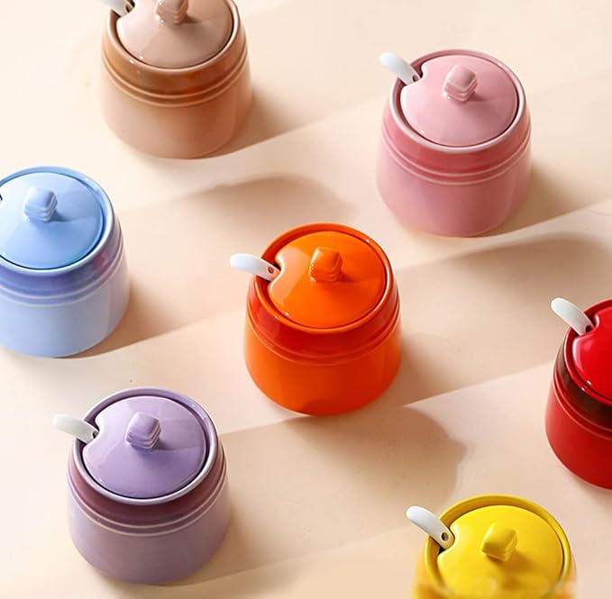 Colourful Ceramic Spice Jar Seasoning Box Condiment Pot Sugar Bowl with Lid Spoon-Blue