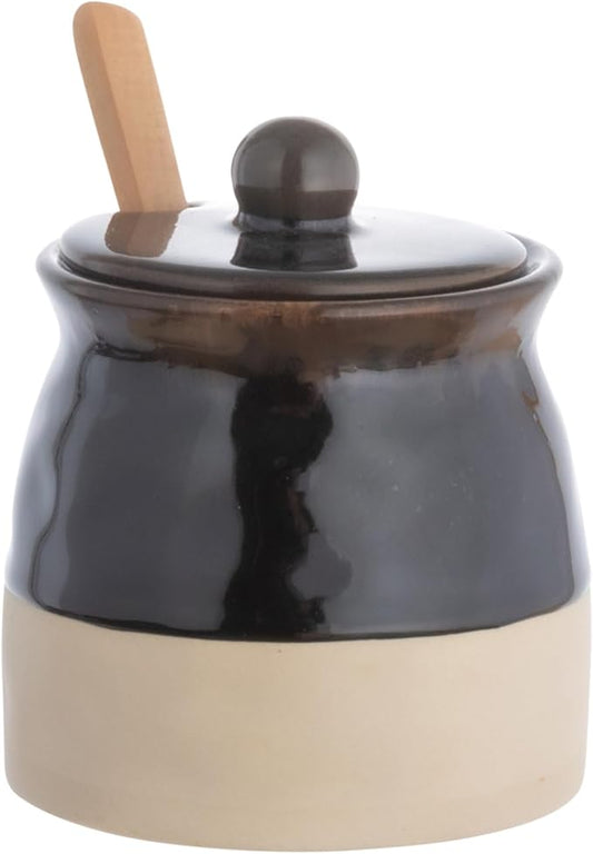 Creative Co-Op Stoneware Sugar Pot with Lid and Wood Spoon, Espresso Glaze