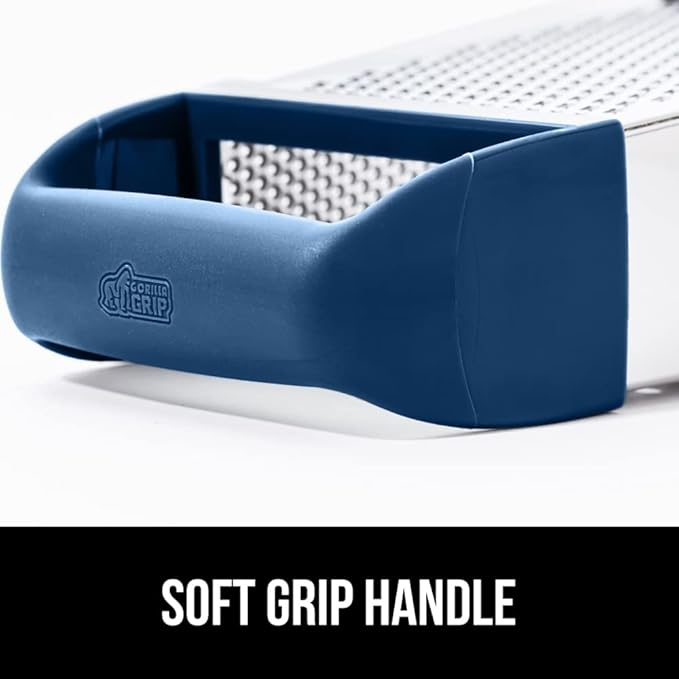 GORILLA GRIP 4-Sided Stainless Steel Cheese Grater With Container, 100% BPA-Free Box Grater, Slip Resistant Base and Handle, Grate Parmesan, Hard Cheeses, Shred Vegetables, Dishwasher Safe, Blue