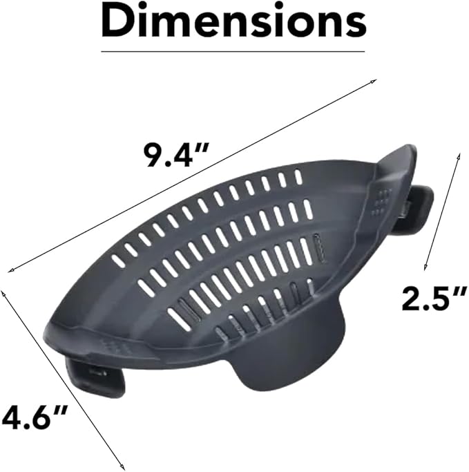 Clip‑On Pot Strainer Silicone Black Dishwasher‑Safe Side‑Mount Design 9.4×4.6×2.5 Inches | Snap Drain Colander for Pans Bowls Skillets | Heat‑Resistant Kitchen Gadget Splash‑Guard
