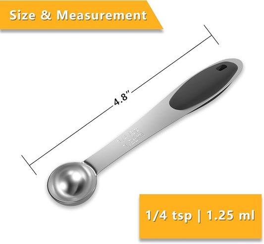 LEIFENY 1PCS 1/4 Tsp(1.25ml) Single Measuring Spoon with Black Silicone Grip, Stainless Steel Individual Measure Scoop Only