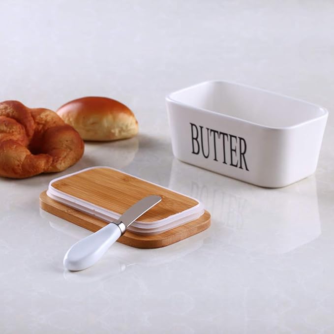 Ceramic Butter Dish with Wooden Lid, Large Butters Container Keeper Storage with Stainless Steel Knife Spreader, Bamboo Cover and Silicone Sealing Ring for West East Coast, White
