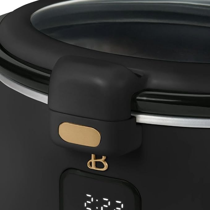 Beautiful by Drew 4.0-Quart Programmable Slow Cooker with Hinged Lid, Digital Timer, Keep Warm Function, Removable Stoneware Pot, Stainless-Steel Accents (Black)