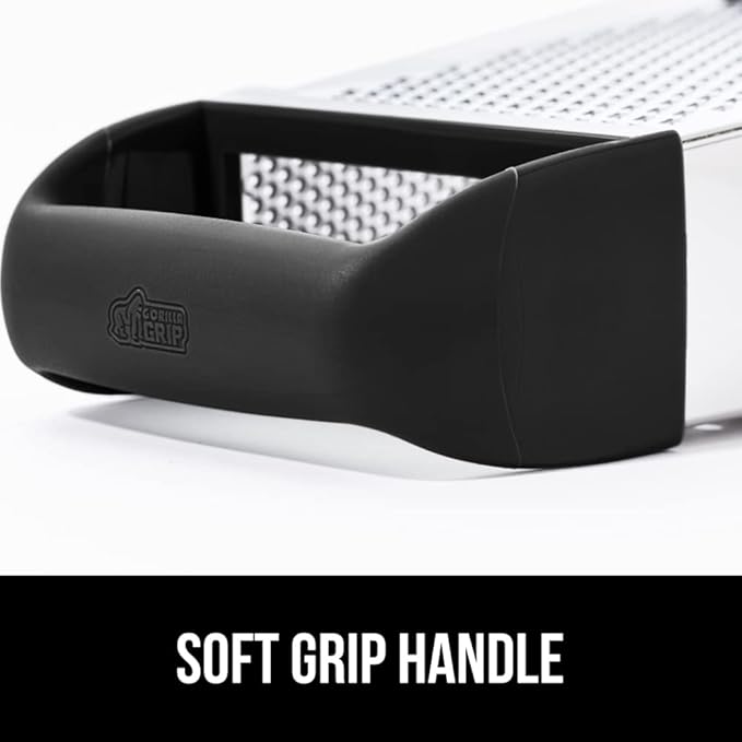 GORILLA GRIP 4-Sided Stainless Steel Cheese Grater With Container, 100% BPA-Free Box Grater, Slip Resistant Base and Handle, Grate Parmesan, Hard Cheeses, Shred Vegetables, Dishwasher Safe, Black