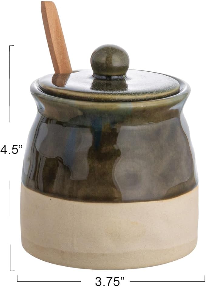 Creative Co-Op Stoneware Sugar Pot with Lid and Wood Spoon, Deep Green Glaze