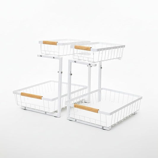 Under Sink Organizer 2 Pack, 2 Tier Pull Out Cabinet Organizers and Storage for Kitchen Bathroom Pantry Laundry, Adjustable Height, Slide Out Thickened Metal Storage Shelf (White, 2 Pack)
