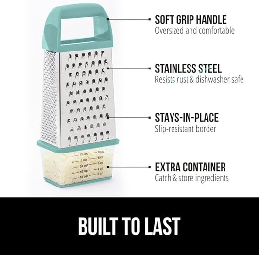 GORILLA GRIP 4-Sided Stainless Steel Cheese Grater With Container, 100% BPA-Free Box Grater, Slip Resistant Base and Handle, Grate Parmesan, Hard Cheeses, Shred Vegetables, Dishwasher Safe, Mint