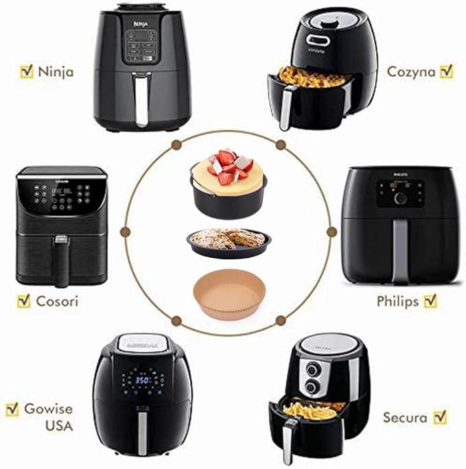 Air Fryer Accessories,7 inch Cake Barrel,Pizza Pan,50 Pcs Baking Paper and Silicone Brush for Ninja Gowise Cosori Phillips Cozyna Gourmia Zeny,