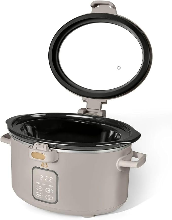 Beautiful by Drew 4.0-Quart Programmable Slow Cooker with Hinged Lid, Digital Timer, Keep Warm Function, Removable Stoneware Pot, Stainless-Steel Accents (Porcine Taupe)