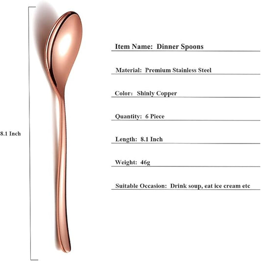 Copper Dinner Spoons 6 Piece, 8.1'' Stainless Steel Tablespoons, Soup Spoons, Dessert Spoons, Spoons Silverware for Home, Kitchen or Restauran,Dishwasher Safe