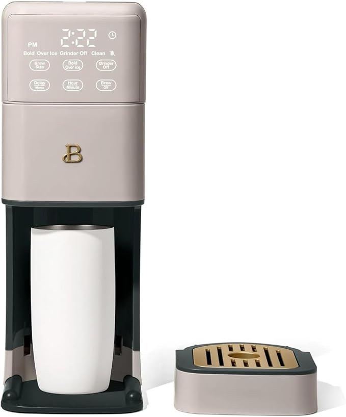 Beautiful Perfect Grind Programmable Single Serve Coffee Maker, Burr Grinder, 64 oz Reservoir, 6 Brew Sizes by Drew Barrymore (Porcini Taupe)