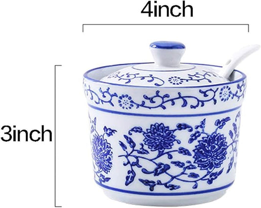 123Arts Ceramic Sugar Bowl Flower Relief Seasoning Jar Spice Jar with Lid and Spoon
