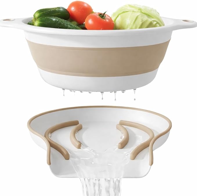 2-in-1 Large Collapsible Colander with Self-draining Base Set - Plastic Side Drain Food strainer for Edge of Kitchen Sink (Beige)