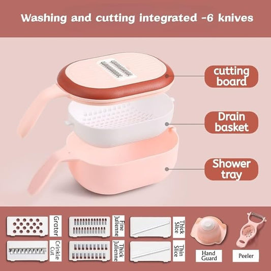 Pink 6-in-1 Vegetable Slicer and Grater with Drain Basket – Multifunctional Kitchen Mandoline Cutter for Slicing, Shredding, Grating – Includes 6 Blades – Wash & Cut Integrated Design