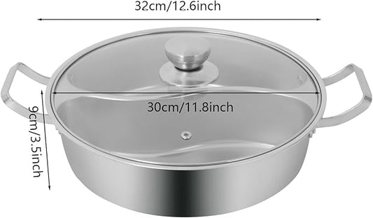 Double-flavor Hot Pot, 5L Stainless Steel Hot Pot with Divider and Clear Lid Divided Stockpot for Gas Hob Induction Hob Electric Ceramic Hob Electric Heater (12.6 * 3.5 inch)