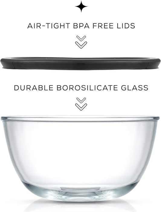 JoyJolt Kitchen Mixing Bowls - 8pc Glass with Lids Set – Neat Nesting Large Bowl Batter Cooking Storage and Big Salad BPA-Free Black