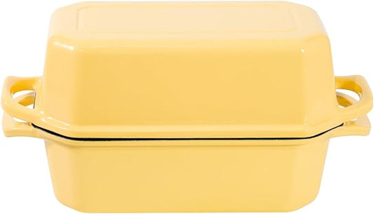 Flavehc Bread Pan Cast Iron Loaf Pan with Lid Bread Loaf Pan 9x5 Inch Loaf Pan Enameled Cast Iron Sourdough Loaf Pan, Yellow