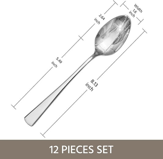 KINGSTONE 12 Piece Dinner Spoon Set, 18/10 Stainless Steel Spoons, Silver Food Grade Table spoons of 12, Metal Spoons for Home, Kitchen, Weddings, Parties or Restaurant, Dishwasher Safe-8.15inches