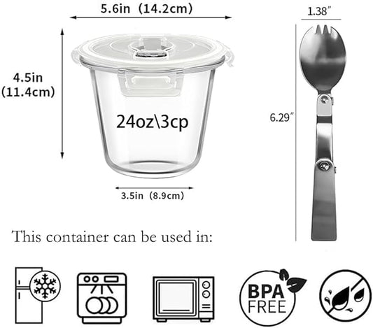 3-Cup Round Glass Meal Prep Containers with Lids,24oz Glass Food Storage Containers with Spoons, Heat-Resistant BPA-Free for Soup, Leftover, Oven, Dishwasher, Fridge, Freezer Safe (2 Pack)