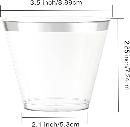 WELLIFE 200pcs Silver Cups, 9OZ Clear Plastic Cups,Plastic Wine Glasses Disposable,Cocktail Glasses for Party and Weddings