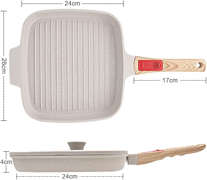 RANX INGST Griddle Pan with Lid, 10 Inch Cast Aluminium Non Stick Steak Pan with Detachable Handle for Induction Hob, White