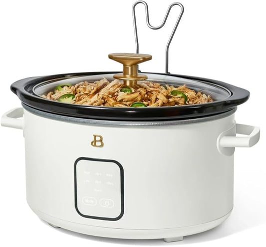 Beautiful 4-Quart Slow Cooker with Touch-Activated Display, Programmable Digital Controls, Removable Non-Stick Pot, Keep Warm Function, by Drew Barrymore (White Icing)