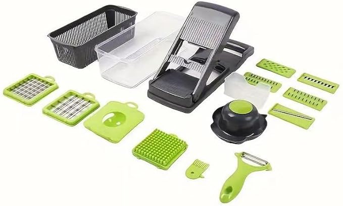 15-in-1 Vegetable Chopper with Storage Container, Gray Green, Multi-Blade Food Slicer, Dicer, Grater Set, 10x4x4 Inch, Kitchen Mandoline for Onion, Garlic