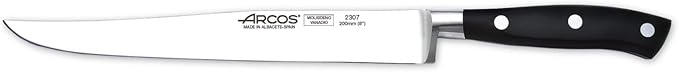Arcos Kitchen Knife 8 Inch Nitrum Stainless Steel and 200mm blade. Small and lightweight. 250 gr. Ergonomic Polyoxymethylene POM Handle. Series Riviera. Thin blade with a smooth edge. Color Black.