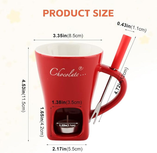 Chocolate Fondue Mugs, Chocolate Melting Cup Set with Forks Candle Warmer, Mini Ceramic Coffee Warmer Mug, Fondue Cups With Forks For Date Night Birthday Wedding Gifts (red)