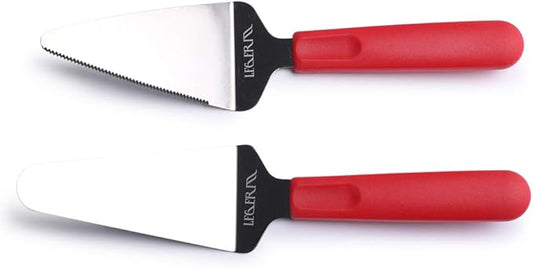 Professional Stainless Steel Pie Spatula Server - 2-Pack Red Cake Cutter & Pizza, Dessert Serving Knife Set - Dishwasher Safe Kitchen Tool