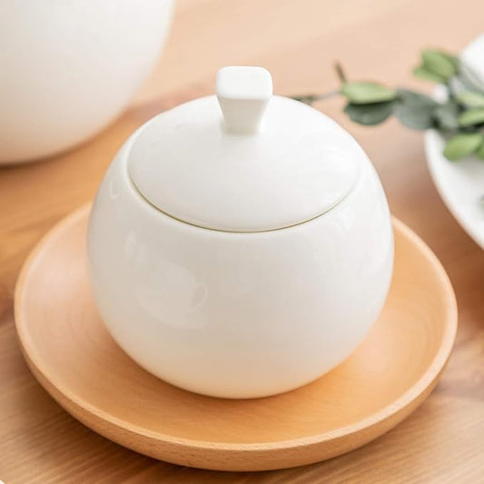 Sizikato 2pcs Pure White Porcelain Sugar Bowl with Lid, 14 Oz Salt Bowl for Kitchen or Restaurant