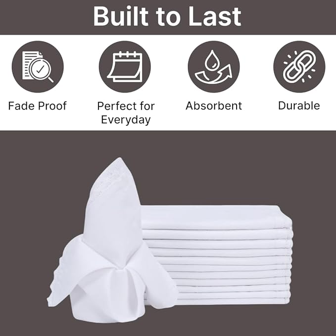 LFH Home Cotton Dinner Napkins - Textured Reusable Machine Washable Decorative Wedding Cloth Napkins Cocktail Napkin Fabric Napkin Tailored with Mitered Corner Finish - 18x18 Inch - White