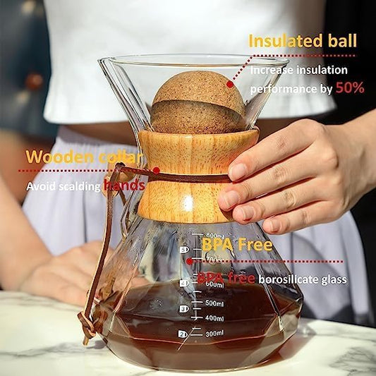 HYAXGM Pour Over Coffee Maker With Wood Sleeve,20oz/600mlPour Over Coffee Dripper,Pour Over Coffee Maker Set With Cork Stopper (20oz/600ml)