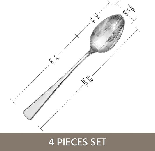 KINGSTONE 4 Piece Dinner Spoon Set, 18/10 Stainless Steel Spoons, Silver Food Grade Table spoons of 4, Metal Spoons for Home, Kitchen, Weddings, Parties or Restaurant, Dishwasher Safe-8.15inches
