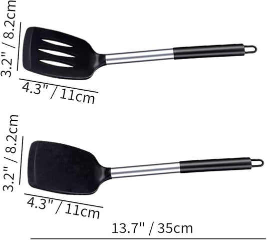 2 Pack Silicone Steel Sturdy Turner Spatula Set, Non-Stick Turner and Solid Spatula, High Heat Resistant BPA Free Cooking Kitchen Utensils - AR3T Collection - Black