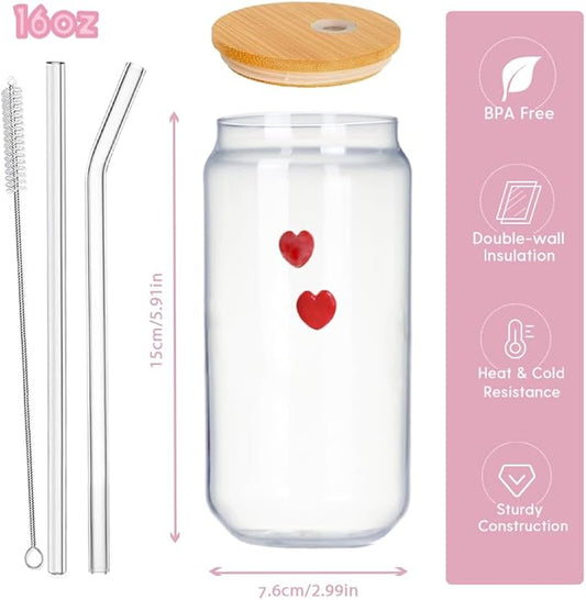 Coquette Aesthetic Glass Can Cup with Bamboo Lid and Straw, 16oz Cute Red Heart Travel Tumbler, Iced Coffee Matcha Smoothie Cup, Trendy Stuff Gifts for Women, Girl Gifts