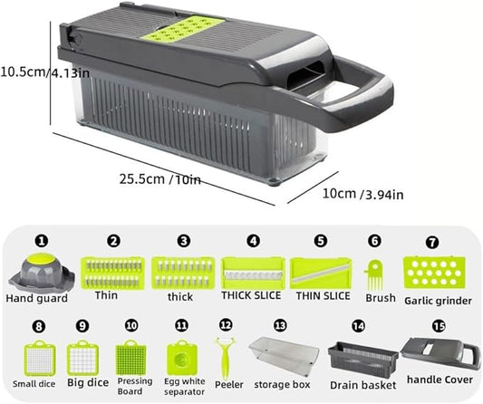 15-in-1 Vegetable Chopper with Storage Container, Gray Green, Multi-Blade Food Slicer, Dicer, Grater Set, 10x4x4 Inch, Kitchen Mandoline for Onion, Garlic